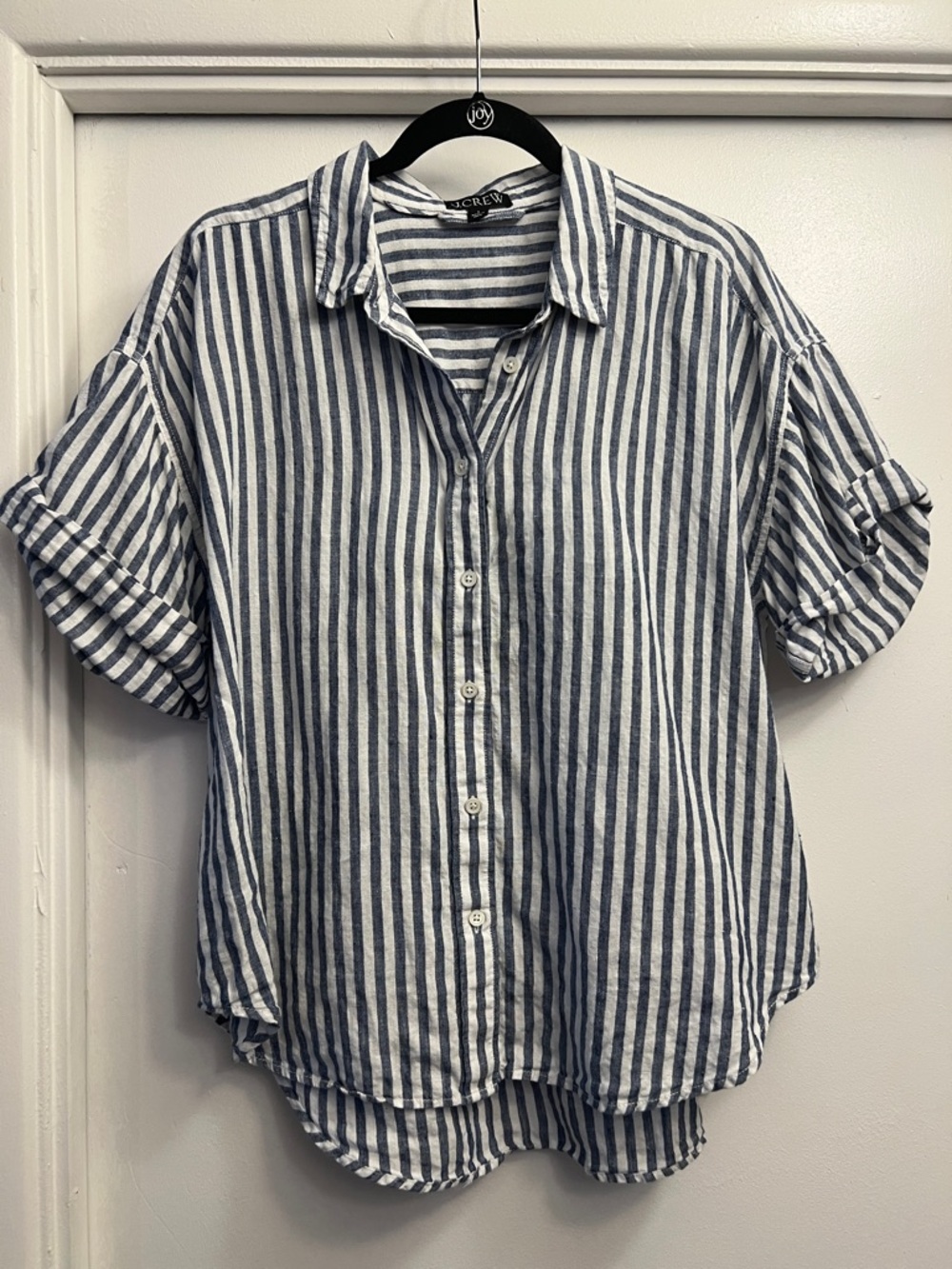 J. Crew Relaxed Fit Linen Short Sleeve Button Down Shirt Blue/White Stripe Large
